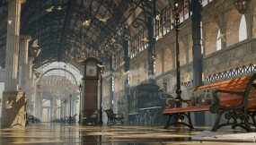 欧复古式火车站长椅大本钟场景模型