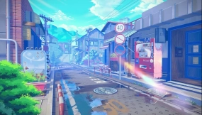 日本动漫风格化街道二次元卡通小镇道路汽车模型场景