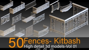 50+高质量栅栏vol.1  50 Fences- Vol 01- Kitbash- High detail 3d models
