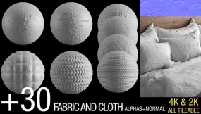 30张布料褶皱贴图附带法线 +30 Fabric & Wrinkle ALPHAS+NORMAL V2 (4K & 2K - All Tileable) 