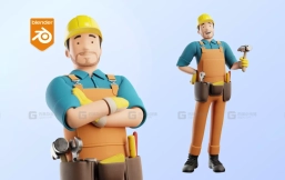 男性卡通工人建造者角色插画低多边形模型   Male Cartoon Worker Builder Character Illustration Low-poly 3D model