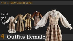 4套格子布女式连衣裙子长裙模型 4 Outfits (female) [blend+zprj+fbx+obj] vol01