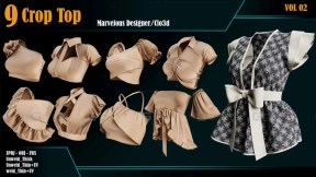 9件女士上衣礼服花边短袖衣服模型 9 CropTop_VOL 02 _MarvelousCLO +ZPRJ +OBJ+FBX+UV