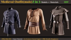 3套中世纪复古男士外套衣服 3 in 1 Medieval Outfit-MALE-MDClo3d (OBJ + FBX +ZPRJ) + Smart Material + Textures (SINGLE & PACK)  