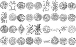 中国传统纹样矢量图案：龙凤花卉团古典花纹设计参考