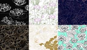 中国风荷花牡丹花朵简约黑白线条植物鲜花无缝印花图案AI矢量素材