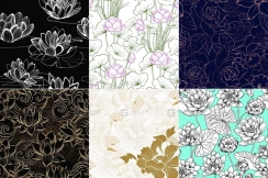 中国风荷花牡丹花朵简约黑白线条植物鲜花无缝印花图案AI矢量素材