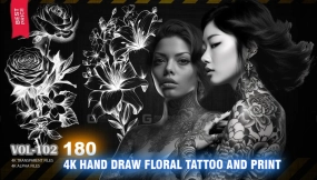 180款手绘花卉纹身图案Alpha贴图 180 4K HAND DRAW FLORAL TATTOO AND PRINT - HIGH END QUALITY RES - (ALPHA & TRANSPARENT) - VOL102