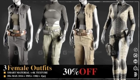 3套女性潮流时尚马甲工装裤紧身衣服装模型 3 Female Outfits Marvelous Designer  4k TexturesSmart material