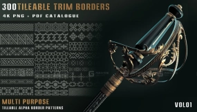 几何装饰边框花边黑白Alpha贴图高清无缝纹理 300 tileable trim border patterns-vol01