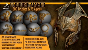 zbrush面具装饰雕花浮雕笔刷+贴图 Flourish Maker 300 ZBrush Brushes And 75 Alphas