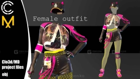 赛博朋克夹克短裤网袜衣服内衣帽子 Female outfit. Marvelous Designer