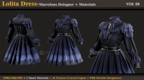 洛丽塔连衣裙 MD Clo3d 智能材质 4K贴图 OBJ FBX 第八卷 Lolita Dress -MD Clo3d + Smart Material + 4K Textures + OBJ + FBX (vol 08)