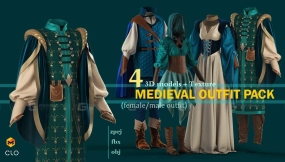 中世纪风格衣服套装女装男装连衣裙披风皮靴模型 MEDIEVAL STYLE PACK - VOL 01 (femalemale outfit). CLO , MD projects+FBX+OBJ