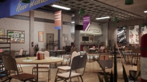 【UE】大学食堂餐厅后厨桌椅吧台大厅环境  University Cafeteria Environment