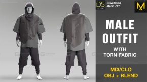 破洞男士衣服外套裤子嘻哈乞丐模型 Male outfit with torn fabric. MDCLO PROJECT FILE + OBJ + BLEND MD216