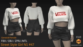 街头风格女孩服装短袖衬衫短裤子 Street Style Girl N1 #47 _ MarvelousDesignerCLO Project Files+fbx+obj+mtl _ Genesis8Female