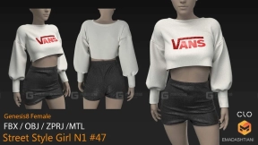街头风格女孩服装短袖衬衫短裤子 Street Style Girl N1 #47 _ MarvelousDesignerCLO Project Files+fbx+obj+mtl _ Genesis8Female