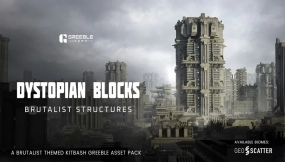 未来科幻反乌托邦风格建筑楼房模型资产 Dystopian Blocks - Brutalist Structures Kitbash Buildings