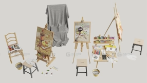 3套画架画板颜料画笔椅子凳子水桶调色盘绘画道具模型