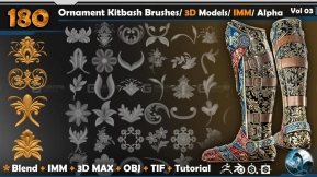 180个金属盔甲花纹雕花装饰雕刻服饰alpha贴图  Ornament Kitbash Brushes Alpha  3D Models  IMM vol 03