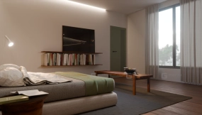 场景-极简主义卧室木质板条长凳  Scene- Minimalist Bedroom Wooden Slatted Bench