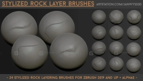 风格化卡通石头岩石表面纹理笔刷 Stylized Rock Layering Brushes - 24 Brushes for Zbrush 2019 and + Alphas