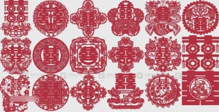 红双喜字剪纸窗花婚礼装饰矢量素材