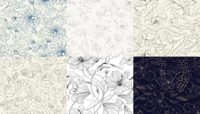 中式荷花牡丹花卉线描线稿图案贴纸包装纸背景图片ai矢量设计素材