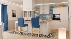 场景-带用餐区的蓝白厨房 - Scene- Blue And White Kitchen With Dining Area