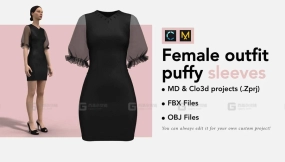 女士黑色薄纱蓬松袖连衣裙