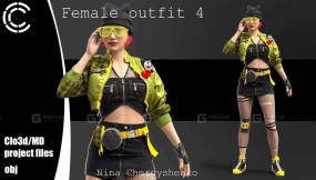 赛博朋克女士时尚性感外套夹克渔网袜短裙帽子眼镜 Female outfit 4. Marvelous Designer