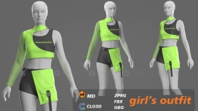 时尚女性短裤短袖运动套装模型 girl's outfit fashion pose