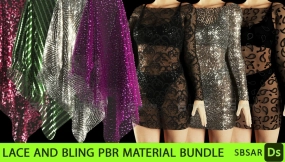 闪光布料亮面蕾丝织物礼服纹理亮片薄纱材质 Lace and bling fabric PBR material bundle (SBSAR + 4K textures)