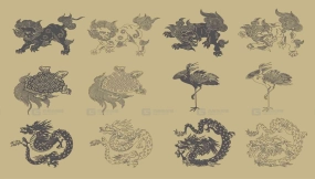 山海经神兽麒麟龙凤朱雀玄武图案纹样矢量PNG素材