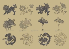 山海经神兽麒麟龙凤朱雀玄武图案纹样矢量PNG素材