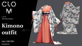 日本女性和服古代裙子服装模型 Kimono outfit  Marvelous DesignerClo3D project file + OBJ MD239