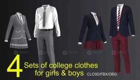 4套学生制服礼服校服模型 4 sets of college clothes for girls and boys (CLO3DOBGFBX)