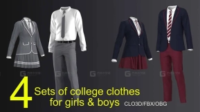 4套学生制服礼服校服模型 4 sets of college clothes for girls and boys (CLO3DOBGFBX)
