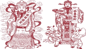 中国传统财神手绘剪纸年画线稿矢量PNG素材