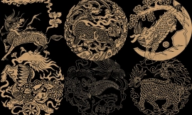 中国传统麒麟狮子神话神兽图案剪纸纹样矢量素材