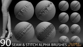 90个布料缝线接褶皱Alpha贴图Vol.4 90 seam and stitch alpha brush bundle vol.4 (ALL Tileable 2K tiff 16bit)