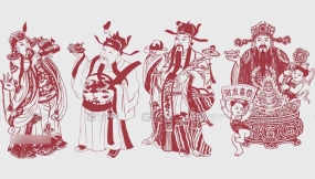 中国传统民间神仙手绘财神剪纸年画线稿图案矢量PNG素材