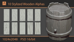 10种风格化卡通木头木板Alphas笔刷 Stylized Wooden Alphas