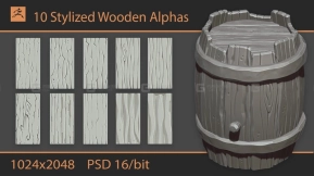 10种风格化卡通木头木板Alphas笔刷 Stylized Wooden Alphas