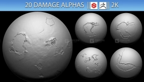 20组破损墙面地皮损坏油漆脱落Alpha贴图  20 Damage Alphas (ZBRush Substance 2K)