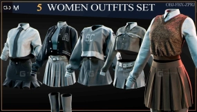 5套女性学生校服百褶裙长袜制服套装模型 5 Woman Outfits Set 3D print model