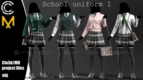学生格子短裙JK校服套装斜挎包羊毛衫长筒袜皮鞋模型 School uniform 1. Marvelous DesignerClo3d project + OBJ