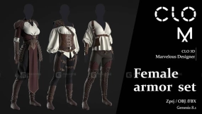 3套中世纪女性战士盔甲靴子马甲套装 Female armor set  Marvelous DesignerClo3D project file + OBJ
