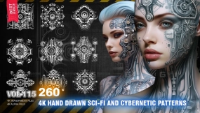 260款手绘科幻花纹Alpha灰度贴图 260 4K HAND DRAWN SCI-FI AND CYBERNETIC PATTERNS - HIGH END QUALITY RES - (ALPHA & TRANSPARENT) - VOL115